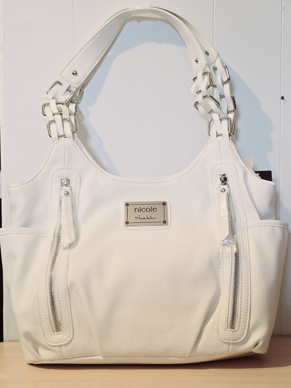 New Nicole by Nicole Miller White Shoulder Tote with Chain-Link Handles